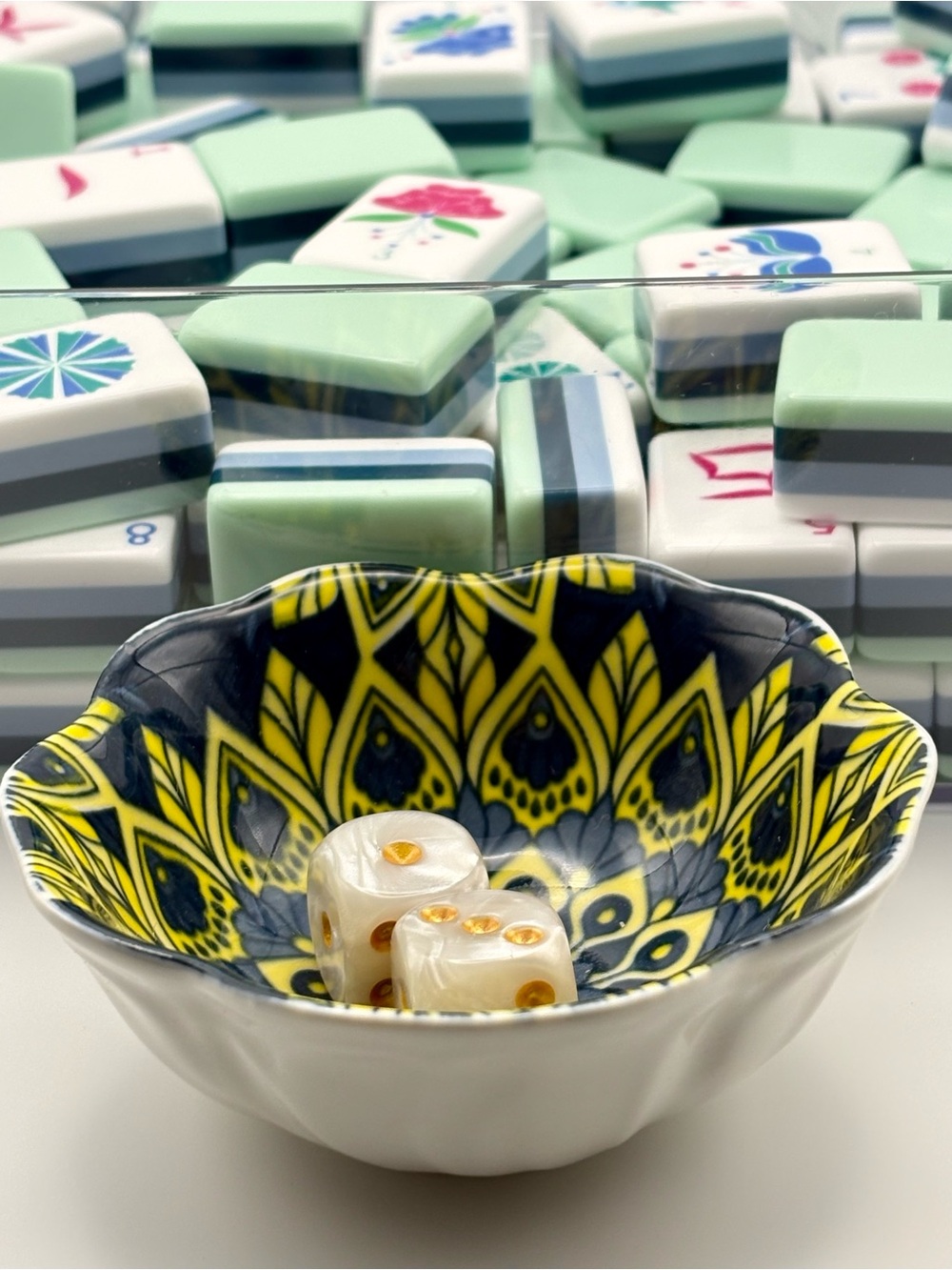 Mahjong Tiles Ceramic Dice Dish Blue and Yellow trinket ring dish